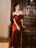 Niulatu Mermaid Off The Shoulder Burgundy Satin Long Prom Dresses Party Evening Dress HZ1110