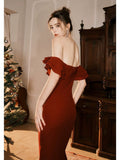 Niulatu Mermaid Off The Shoulder Burgundy Satin Long Prom Dresses Party Evening Dress HZ1110