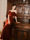 Niulatu Mermaid Off The Shoulder Burgundy Satin Long Prom Dresses Party Evening Dress HZ1110
