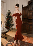 Niulatu Mermaid Off The Shoulder Burgundy Satin Long Prom Dresses Party Evening Dress HZ1110