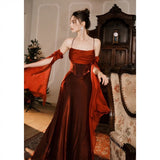 Niulatu Mermaid Spaghetti Straps Burgundy Long Prom Dresses Party Evening Dress HZ1110