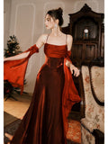Niulatu Mermaid Spaghetti Straps Burgundy Long Prom Dresses Party Evening Dress HZ1110