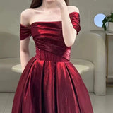 Niulatu A line Off The Shoulder Burgundy Satin Long Prom Dresses Party Evening Dress HZ1110