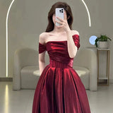 Niulatu A line Off The Shoulder Burgundy Satin Long Prom Dresses Party Evening Dress HZ1110