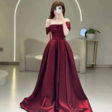 Niulatu A line Off The Shoulder Burgundy Satin Long Prom Dresses Party Evening Dress HZ1110