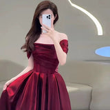 Niulatu A line Off The Shoulder Burgundy Satin Long Prom Dresses Party Evening Dress HZ1110