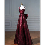 Niulatu A line Spaghetti Straps Burgundy Sequin Long Prom Dresses Party Evening Dress HZ1110