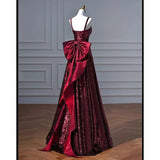 Niulatu A line Spaghetti Straps Burgundy Sequin Long Prom Dresses Party Evening Dress HZ1110