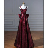 Niulatu A line Spaghetti Straps Burgundy Sequin Long Prom Dresses Party Evening Dress HZ1110