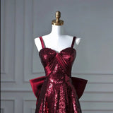 Niulatu A line Spaghetti Straps Burgundy Sequin Long Prom Dresses Party Evening Dress HZ1110