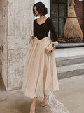 Niulatu A line Square Neckline Long Sleeves Black Prom Dresses Party Evening Dress HZ1110