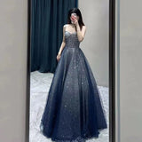 Niulatu Ball Gown Spaghetti Straps Navy Blue Long Prom Dresses Party Evening Dress HZ1110