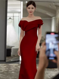 Niulatu Mermaid Off The Shoulder Satin Long Burgundy Prom Dress HZ1110