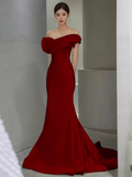 Niulatu Mermaid Off The Shoulder Satin Long Burgundy Prom Dress HZ1110