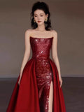 Niulatu Mermaid Strapless Burgundy Floor Length Evening Dress Sequin Prom Dresses S3801