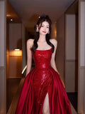 Niulatu Mermaid Strapless Burgundy Floor Length Evening Dress Sequin Prom Dresses S3801