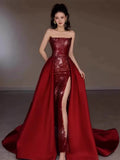 Niulatu Mermaid Strapless Burgundy Floor Length Evening Dress Sequin Prom Dresses S3801