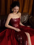 Niulatu Mermaid Strapless Burgundy Floor Length Evening Dress Sequin Prom Dresses S3801