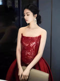 Niulatu Mermaid Strapless Burgundy Floor Length Evening Dress Sequin Prom Dresses S3801