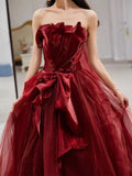 Niulatu A line Strapless Burgundy Tulle Long Prom Dresses Party Evening Dress HZ1110
