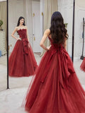 Niulatu A line Strapless Burgundy Tulle Long Prom Dresses Party Evening Dress HZ1110