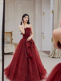 Niulatu A line Strapless Burgundy Tulle Long Prom Dresses Party Evening Dress HZ1110