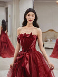Niulatu A line Strapless Burgundy Tulle Long Prom Dresses Party Evening Dress HZ1110