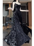 Niulatu Sheath Spaghetti Straps Sequin Black Slit Long Prom Dresses Party Evening Dress HZ1110