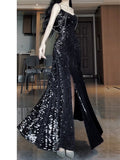 Niulatu Sheath Spaghetti Straps Sequin Black Slit Long Prom Dresses Party Evening Dress HZ1110