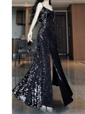 Niulatu Mermaid Spaghetti Straps Sequin Black Long Prom Dresses S3803