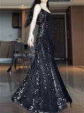 Niulatu Sheath Spaghetti Straps Sequin Black Slit Long Prom Dresses Party Evening Dress HZ1110