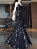 Niulatu Mermaid Spaghetti Straps Sequin Black Long Prom Dresses S3803