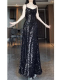 Niulatu Sheath Spaghetti Straps Sequin Black Slit Long Prom Dresses Party Evening Dress HZ1110