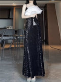 Niulatu Sheath Spaghetti Straps Sequin Black Slit Long Prom Dresses Party Evening Dress HZ1110