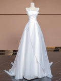 Niulatu A Line Strapless White Long Wedding Dresses With Ruffles HZ1110