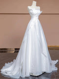 Niulatu A Line Strapless White Long Wedding Dresses With Ruffles HZ1110