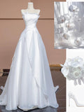 Niulatu A Line Strapless White Long Wedding Dresses With Ruffles HZ1110