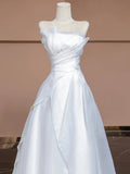 Niulatu A Line Strapless White Long Wedding Dresses With Ruffles HZ1110