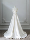 Niulatu A Line Off The Shoulder White Satin Bridal Dress Wedding dress With Ruffles HZ1110