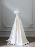 Niulatu A Line Off The Shoulder White Satin Bridal Dress Wedding dress With Ruffles HZ1110