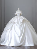 Niulatu Ball Gown Off The Shoulder White Short Sleeves Floral Satin Wedding Dresses With Ruffles HZ1110