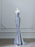 Niulatu Mermaid Spaghetti Straps Sequin Blue Long Prom Dresses Party Evening Dress HZ1110