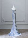 Niulatu Mermaid Spaghetti Straps Sequin Blue Long Prom Dresses Party Evening Dress HZ1110
