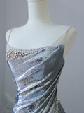 Niulatu Mermaid Spaghetti Straps Silver Sequin Long Prom Dresses S3808