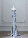 Niulatu Mermaid Spaghetti Straps Silver Sequin Long Prom Dresses S3808