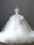 Niulatu Ball Gown Strapless White Sleeveless Lace Satin Wedding Dresses With Ruffles HZ1110