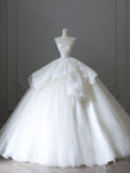Niulatu Ball Gown Strapless White Sleeveless Lace Satin Wedding Dresses With Ruffles HZ1110