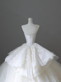 Niulatu Ball Gown Strapless White Lace Satin Long Wedding Dresses Brides Dress S3809