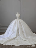 Niulatu Ball Gown Strapless White Lace Satin Long Wedding Dresses Brides Dress S3811