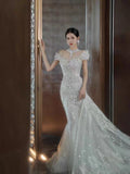 Niulatu Mermaid Off The Shoulder White Tulle Sequin Long Wedding Dresses HZ1110